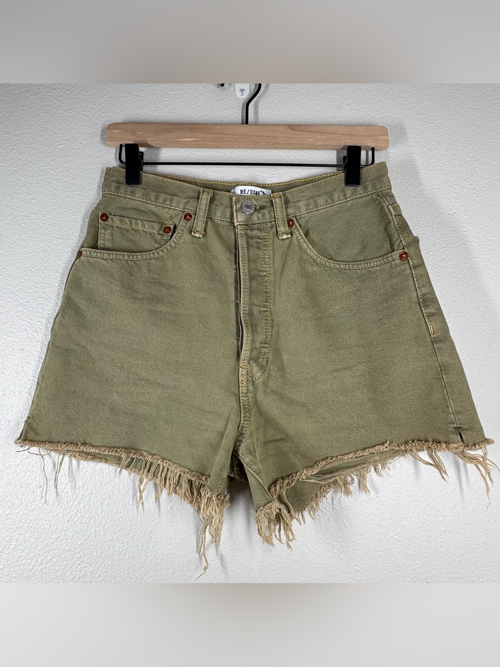 RE/DONE Original 50s Cutoff Shorts In Washed Sage Green Raw Hem Button Fly 2